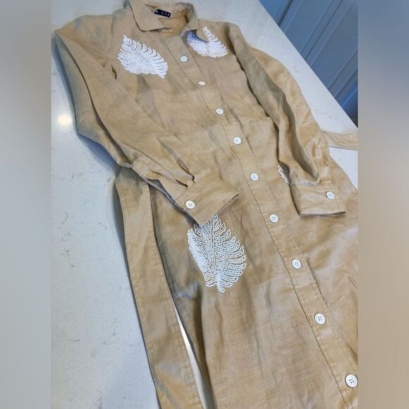 Zara 100% Linen White Beaded Leaf Tan Button Down Boho Collar Artsy Dress Small - Picture 7 of 12
